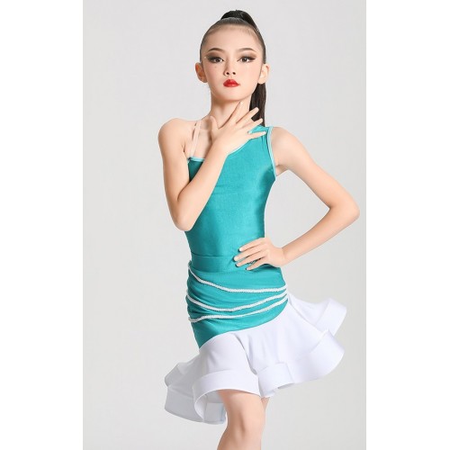 Turquoise with black white latin dance dresses for girls kids one shoulder ruffles ballroom salsa tango latin stage performance costumes for children